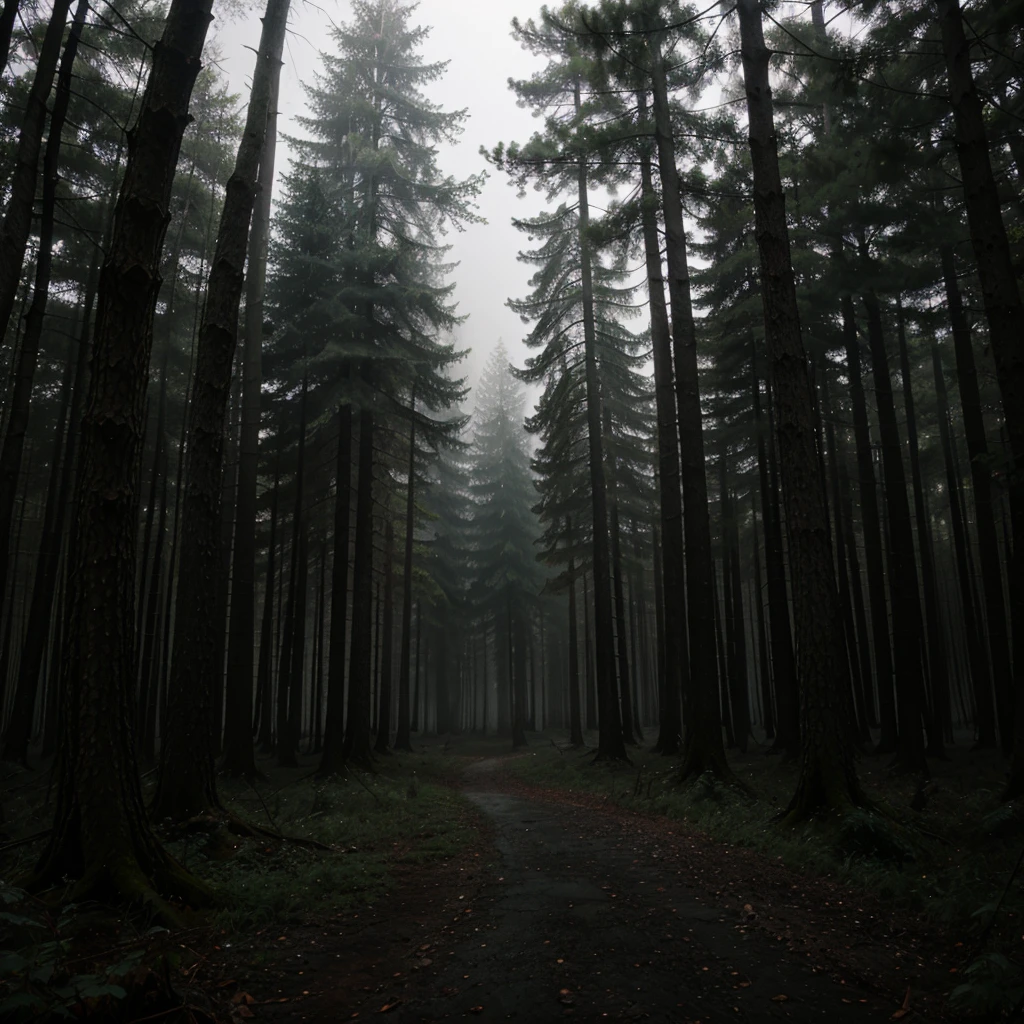 A dark forest with a fog with rain