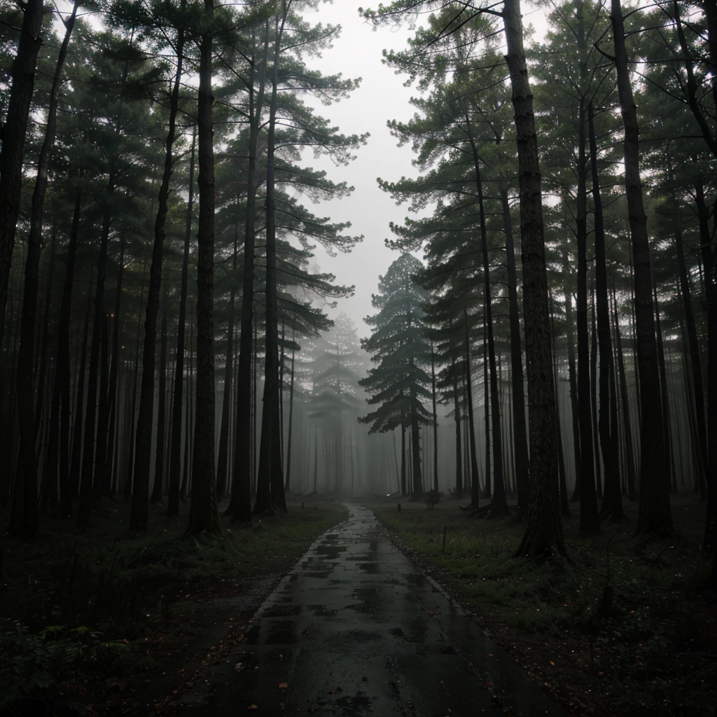 A dark forest with a fog with rain