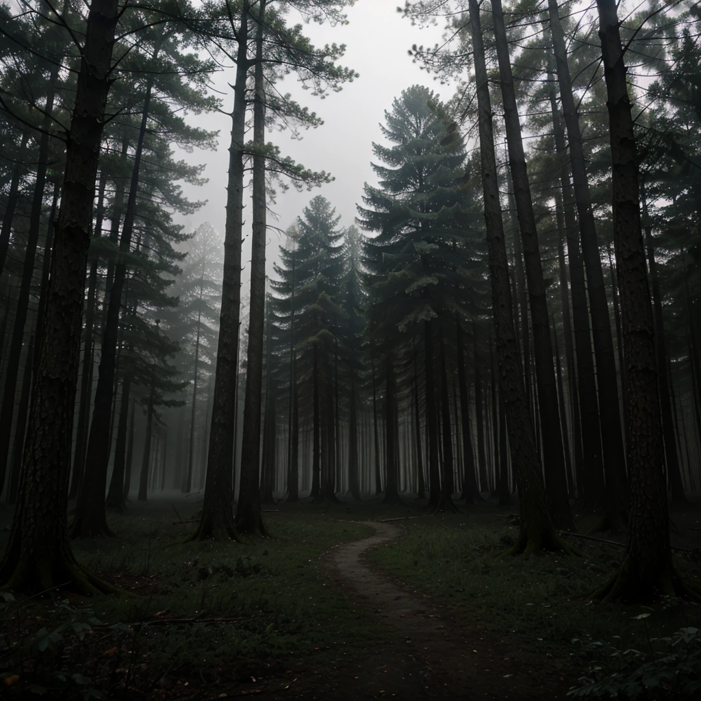 A dark forest with a fog with rain
