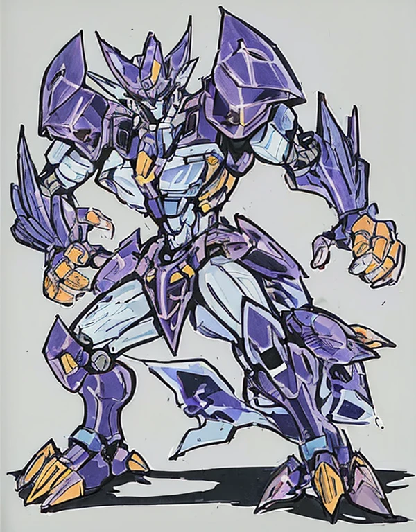 masterpiece drawing of a cartoon character with a purple and blue design, greek god in mecha style, full color drawing, mecha inspired, guyver style, anime robotic mixed with organic, well armored mech dragon, high quality colored sketch, cool mecha style, purple armor, seapunk mecha, concept art of omegamon, this character has cryokinesis