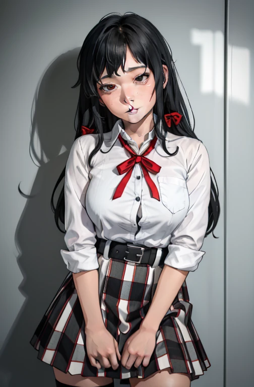 1 girl as yukino yukinoshita, absurdres, highres, solo, school uniform, ???????????, waist long black hair, (twintails:0.5), miniskirt, black thighhigh socks, loose red ribbon, unbuttoned white shirt, (??????:1.1), (rolling eyes:1.1), (female ????????????:1.1)