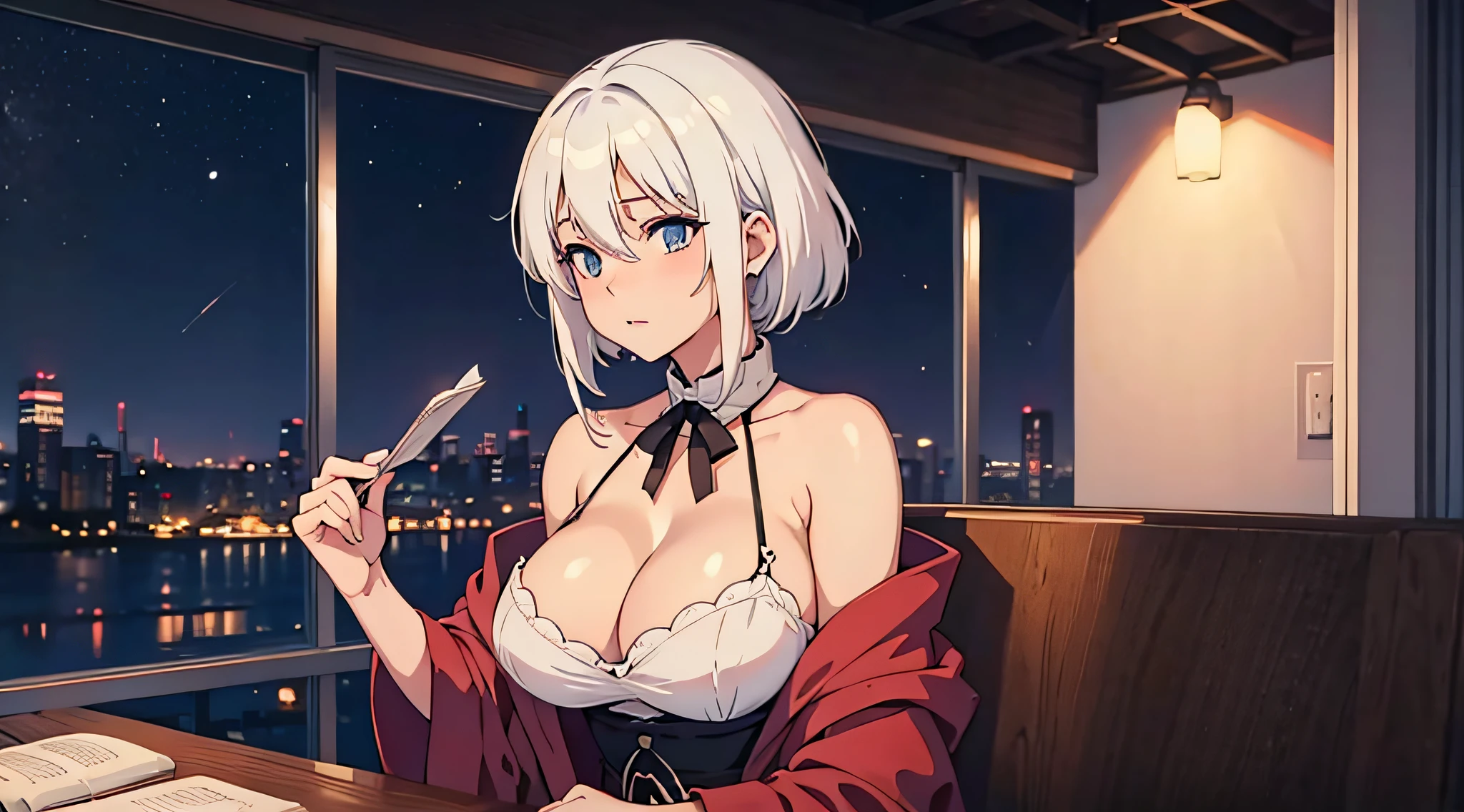 apenas uma garota sexy de anime de cabelo branco sentada e estudando, decote de seios grandes, Night Outside