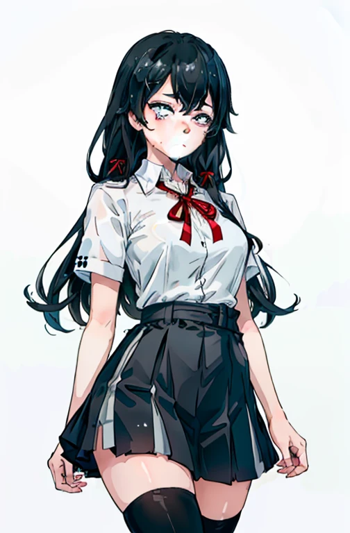 1 girl as yukino yukinoshita, absurdres, highres, solo, school uniform, big breasts, waist long black hair, (twintails:0.5), miniskirt, black thighhigh socks, loose red ribbon, unbuttoned white shirt, (ahegao:1.1), (rolling eyes:1.1), (female masturbation:1.1)
