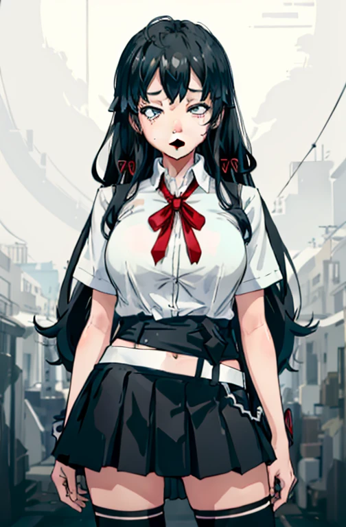 1 girl as yukino yukinoshita, absurdres, highres, solo, school uniform, big breasts, waist long black hair, (twintails:0.5), miniskirt, black thighhigh socks, loose red ribbon, unbuttoned white shirt, (ahegao:1.1), (rolling eyes:1.1), (female masturbation:1.1)