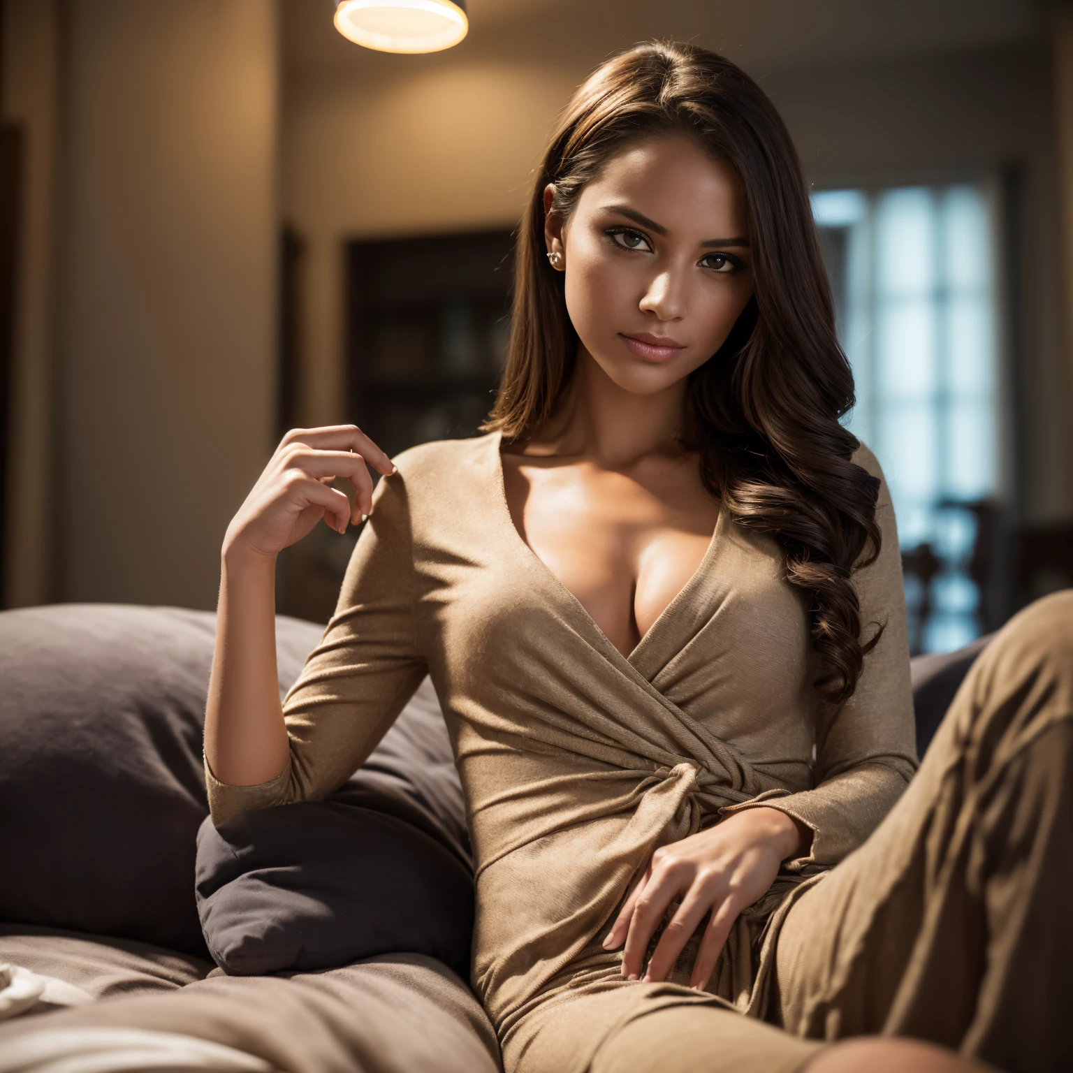 femme souriante, (((Cheveux courtusiness suits,((Jupe longue))，(tmasterpiece, premier quality, Droit proche et lointain), Belle expression, et 8K, Photo brute, photoreallistic, Grains de film, Chromatic aeration, high resolucion, Ultra-detailed, finely detail, dinamic lighting, dramatic lighting、Sombre、extremely detailed eyes and face、Round pupilureau moderne et luxueux)))、longues jambes