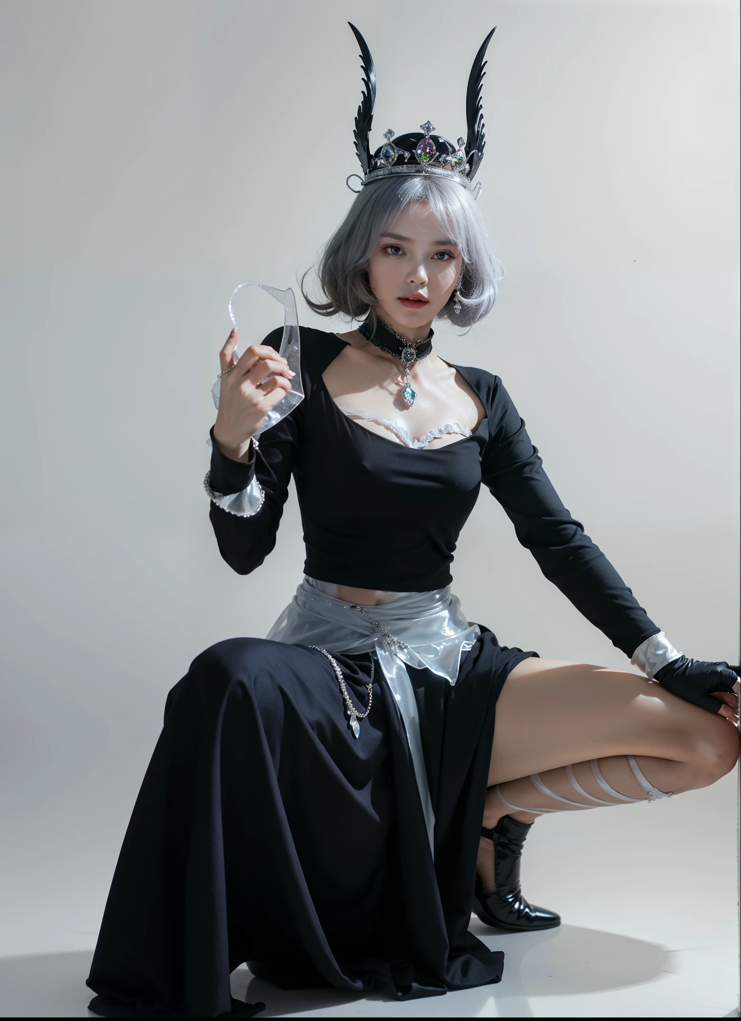 Imperial sister，A detailed eye，Snow Queen，put the crown on your head，Detailed facial expressions，Ripe body，Tall figure，the number，legs long，4K，k hd，fleshy feeling，White translucent lace，Fair and plump figure，Nice face，Cherry small mouth，beautiful and delicious（3D royal sister），a plump buttocks，gloss gel coat，Vampire queen wears luxurious dress，Crystal Gem Crown，