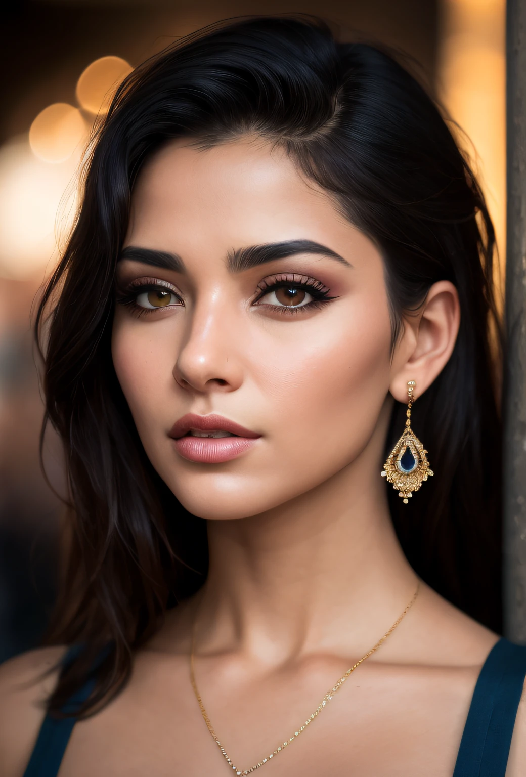 Masterpiece,cinematic portrait photography , beautiful iranian persian sexy girl, dark hair , uptown, cleavage, thin detailed black eyes, thin eyebrows, perfect tiny nose, diamond earrings, long eyelashes, cat eye makeup , bold jawline , very detailed, dramatic lighting, digital art trends on Artstation 8k HD detailed realistic, detailed, skin texture, super detailed, realistic skin texture, armature, best quality, super high reidelity: 1.4), high resolution, detailed, raw photo, sharp re, by lee jeffries nikon d850 film stock photograph 4 kodak portra 400 camera f1.6 lens rich colors hyper realistic lifelike texture dramatic lighting unrealengine trending on artstation cinestill 800 ,