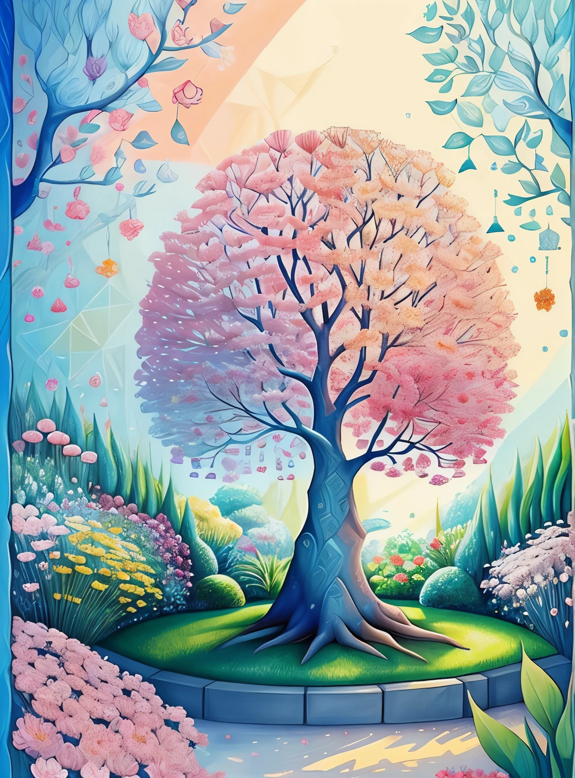 (cute tree smiling in a beautiful garden with flowers) Munchkin, Geometric multidimensional wall portrait, livro de arte, Tchibi,
Yang08k, Beautiful, Colouring,
Obras, of the highest quality, best quality, Arte Oficial, Beautiful and Aesthetic,