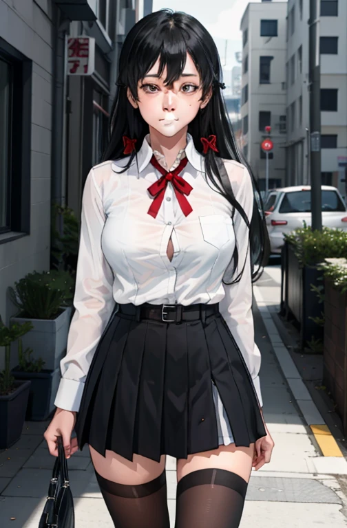 1 girl as yukino yukinoshita, absurdres, highres, solo, school uniform, big breasts, waist long black hair, (twintails:0.5), miniskirt, black thighhigh socks, loose red ribbon, unbuttoned white shirt, (ahegao:1.1), (rolling eyes:1.1), (female masturbation:1.1)