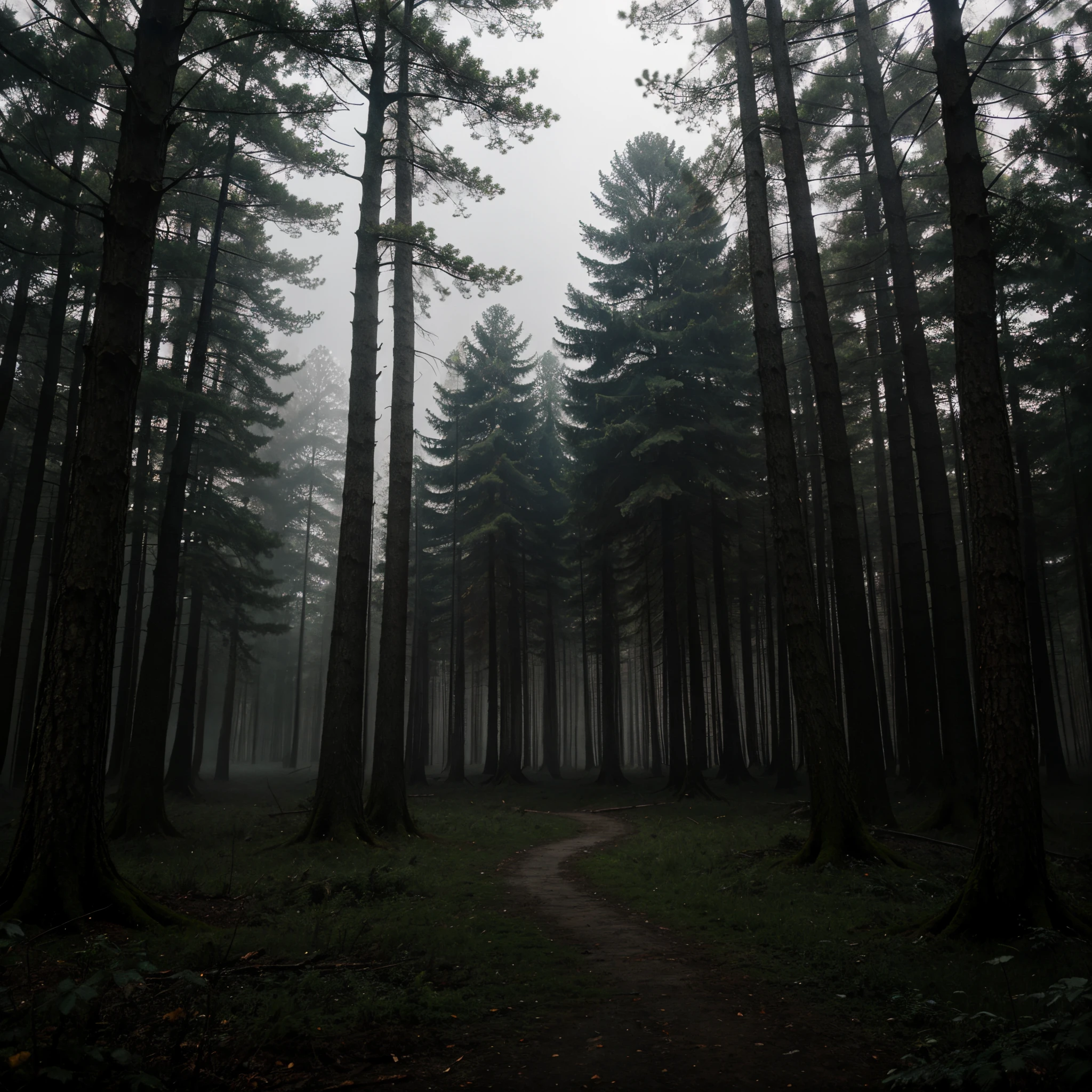 A dark forest with a fog with rain