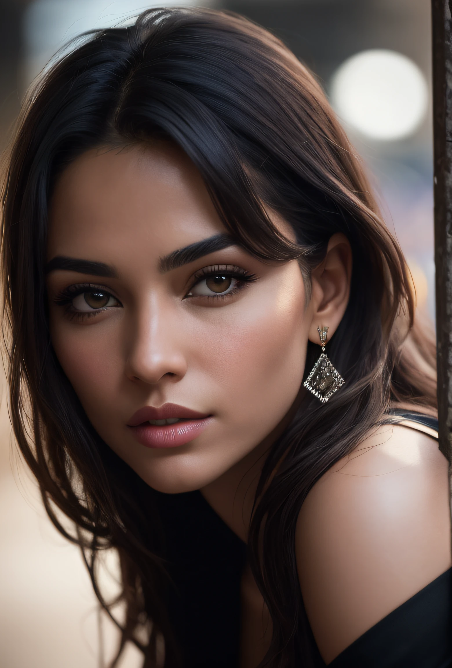 Masterpiece,closeup portrait photography , beautiful iranian persian sexy girl, dark hair , uptown, cleavage, thin detailed black eyes, thin eyebrows, perfect tiny nose, diamond earrings, long eyelashes, cat eye makeup , bold jawline , very detailed, dramatic lighting, digital art trends on Artstation 8k HD detailed realistic, detailed, skin texture, super detailed, realistic skin texture, armature, best quality, super high reidelity: 1.4), high resolution, detailed, raw photo, sharp re, by lee jeffries nikon d850 film stock photograph 4 kodak portra 400 camera f1.6 lens rich colors hyper realistic lifelike texture dramatic lighting unrealengine trending on artstation cinestill 800 ,