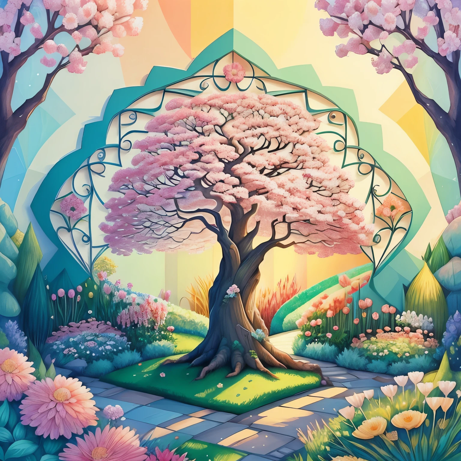 (cute tree smiling in a beautiful garden with flowers) Munchkin, Geometric multidimensional wall portrait, livro de arte, Tchibi,
Yang08k, Beautiful, Colouring,
Obras, of the highest quality, best quality, Arte Oficial, Beautiful and Aesthetic,