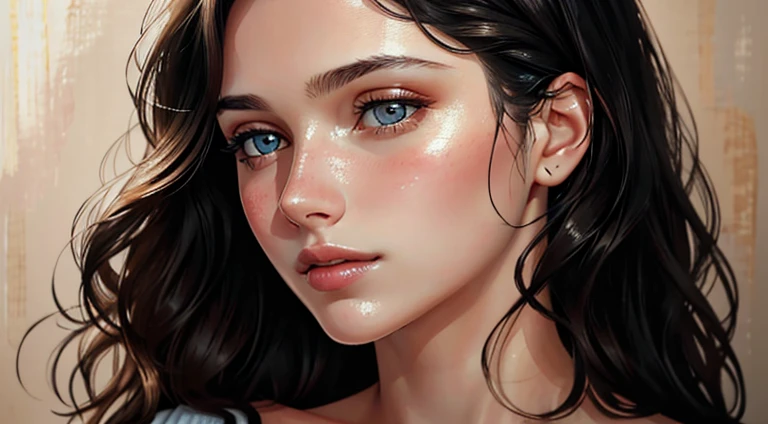 (high quality,portrait,painting),(soft skin,smooth complexion),detailed eyes fine texture,dewy lips,(natural lighting,soft light),subtle blush,sublime expression,wavy hair,neutral backdrop,subtle colors,delicate brushstrokes, beautiful, woman, black hair, long hair, azur eyes, pale skin