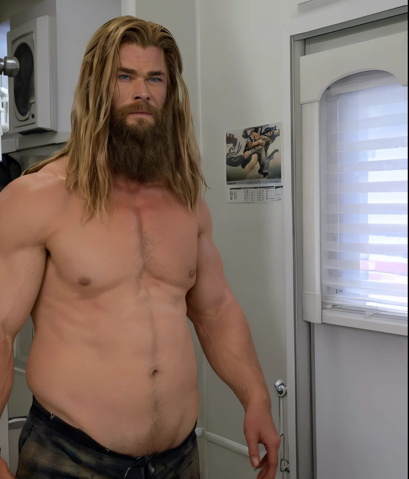 there is a man with long hair and a beard standing in a kitchen, Technoviking masculino sem camisa, chris hemsworth underwear ad, THOR, bearded and built, meio tiro de um hunky, Chris Hemsworth, Filme ainda de 'Thor', corpo peludo humano completo, de vingadores: Endgame (2019), vestindo roupas de homem das cavernas