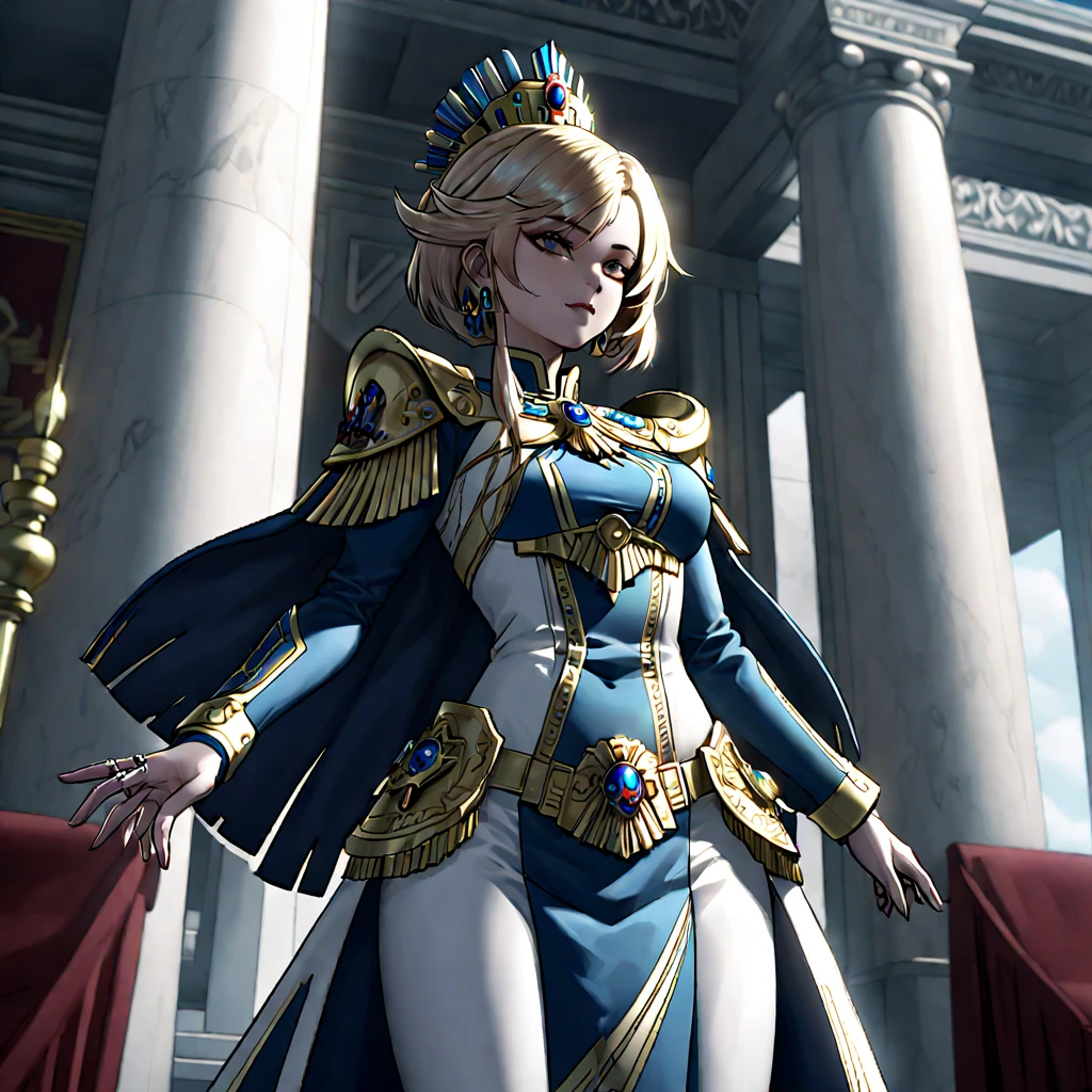 Warhammer 40k, A regal woman hailing from an Imperial world, adorned in luxurious attire befitting her noble status. She exudes an air of authority and sophistication, with subtle signs of affiliation to the Imperial Creed. Mid-shot. Slightly from below. Background: The opulent halls of an Imperial palace, adorned with symbols of the Imperium, and perhaps an Aquila prominently displayed to showcase her unwavering allegiance. best quality, masterpiece, ultra-detailed, 8k, depth of field, cinematic composition.