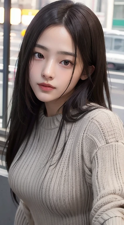 Photorealistic, masutepiece, Best Quality, Raw photo, selfee、1girl in, Solo, Long hair, Brown hair, Detailed face, alluring face, Sweater that kills virgins, medium breasts, Dynamic Pose, Looking at Viewer, From below, Detailed background, fine detailed, intricate detailes, Ray tracing, depth of fields, lowkey, nffsw