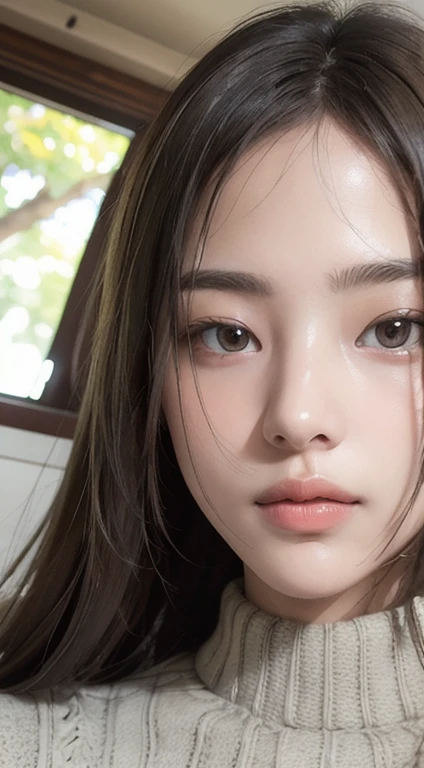 Photorealistic, masutepiece, Best Quality, Raw photo, selfee、1girl in, Solo, Long hair, Brown hair, Detailed face, alluring face, Sweater that kills virgins, medium breasts, Dynamic Pose, Looking at Viewer, From below, Detailed background, fine detailed, intricate detailes,  Ray tracing, depth of fields, lowkey, nffsw