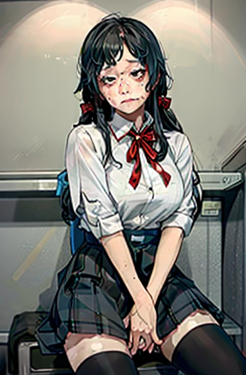 pov, isabella, sitting, looking away, inside a train, pink tight dress, ribbon, black hair, white short sleeves, white socks, belt, blue eyes, dick flash, penis, foreskin, blushing, from above, close