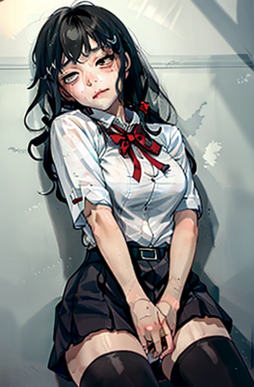 1 girl as yukino yukinoshita, absurdres, highres, solo, school uniform, big breasts, waist long black hair, (twintails:0.5), miniskirt, black thighhigh socks, loose red ribbon, unbuttoned white shirt, (ahegao:1.1), (rolling eyes:1.1), (female masturbation:1.1)