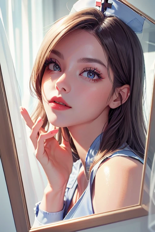 (because it includes specific human attributes, please include all the following attributes clearly: detailed eyes, detailed lips, extremely detailed eyes and face, long eyelashes) sexy nurse, POV, beautiful and sexy, nurse, nurse outfit, mirror, lustful eyes, turned on, self-reflection mirror, self-reflection, horny eyes, self-adoration, lust, detailed eyes, detailed lips, extremely detailed eyes and face, long eyelashes, seductive gaze