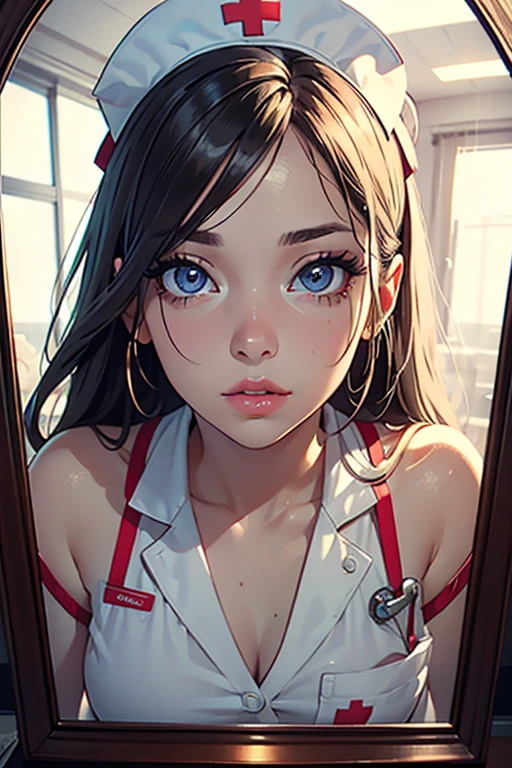 (because it includes specific human attributes, please include all the following attributes clearly: detailed eyes, detailed lips, extremely detailed eyes and face, long eyelashes) sexy nurse, POV, beautiful and sexy, nurse, nurse outfit, mirror, lustful eyes, turned on, self-reflection mirror, self-reflection, horny eyes, self-adoration, lust, detailed eyes, detailed lips, extremely detailed eyes and face, long eyelashes, seductive gaze