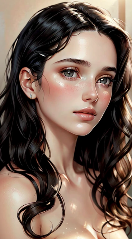 (high quality,portrait,painting),(soft skin,smooth complexion),detailed eyes fine texture,dewy lips,(natural lighting,soft light),subtle blush,sublime expression,wavy hair,neutral backdrop,subtle colors,delicate brushstrokes, beautiful, woman, black hair, long hair, azur eyes, pale skin