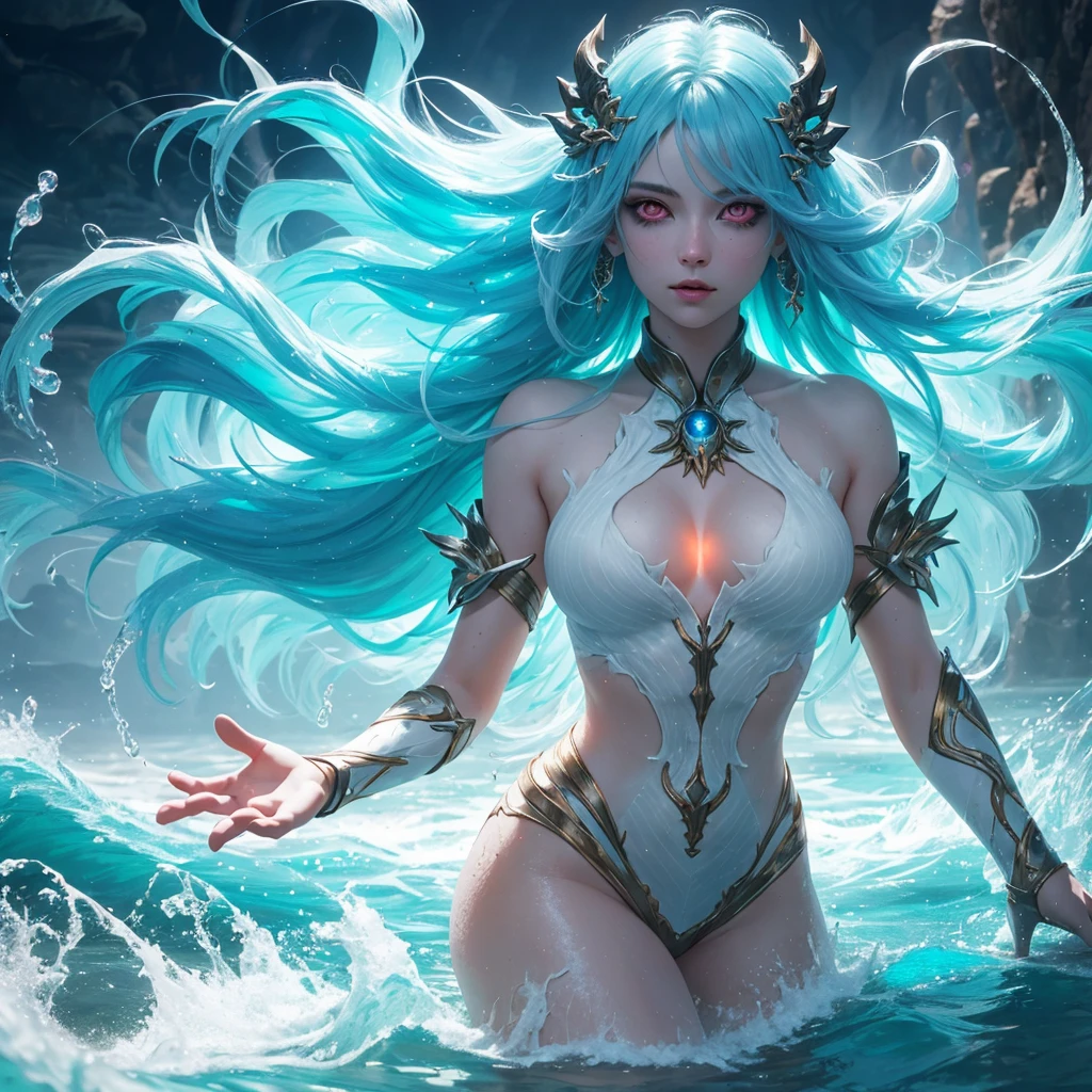 superheroine, long long gorgeous light blue hair, slender body, latex, leotard, blue and white costume, after captured, ((bondagd, chained, hands bihind back)), (crushed), over dark water, ((heavy water)), dark undersea distorted, cruelly, (painful), helpless, (screaming in pain), eyes closed, holding on, crouching, gritting teeth, squirming, suffering, (lying face down), ((chest pressing to ground)), hair swaying in water, in deep undeasea, bottom of sea