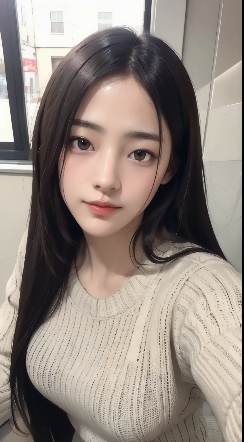 Photorealistic, masutepiece, Best Quality, Raw photo, selfee、1girl in, Solo, Long hair, Brown hair, Detailed face, alluring face, Sweater that kills virgins, medium breasts, Dynamic Pose, Looking at Viewer, From below, Detailed background, fine detailed, intricate detailes,  Ray tracing, depth of fields, lowkey, nffsw