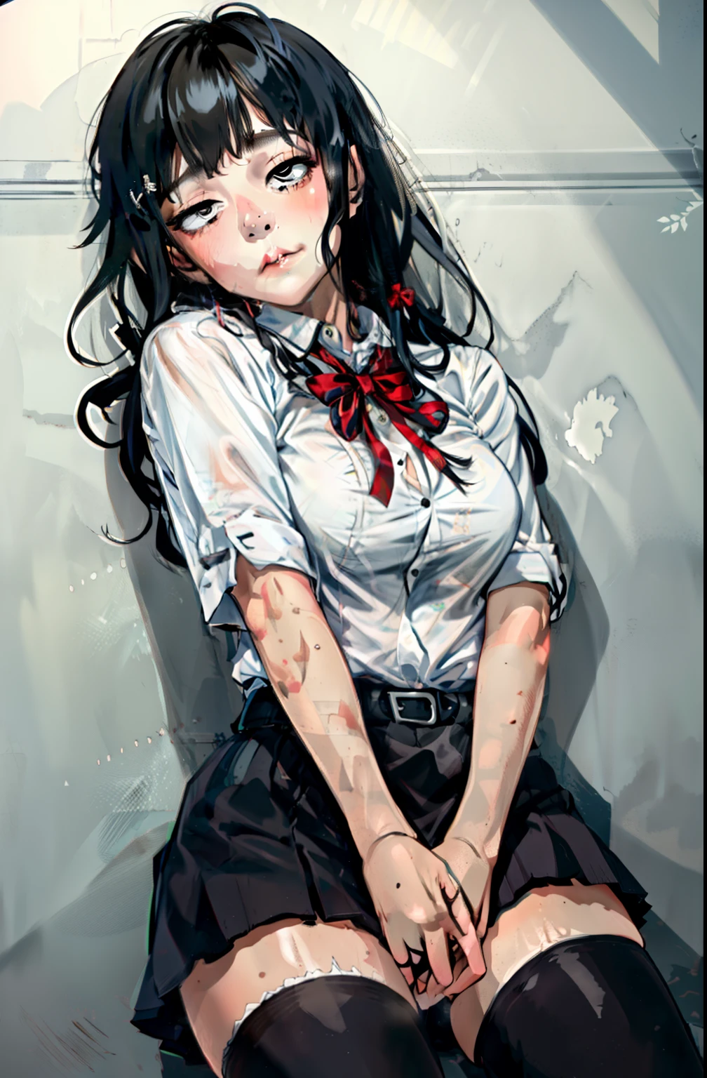 1 girl as yukino yukinoshita, absurdres, highres, solo, school uniform, big breasts, waist long black hair, (twintails:0.5), miniskirt, black thighhigh socks, loose red ribbon, unbuttoned white shirt, (ahegao:1.1), (rolling eyes:1.1), (female masturbation:1.1)