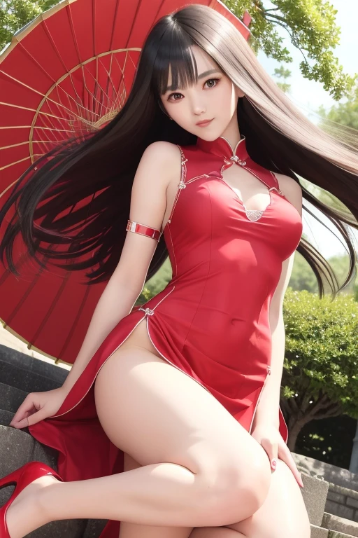 backdrop of Japanese cherry scenery, sunset, ultra detailed, young Korean woman, (wearing elegant pearl stringed bracelet) , ((wearing pearl stringed thigh strap)), crossed legs, beautiful face, (wearing a long red sleeveless classic high collar cheongsam dress), (medium length hair) , ((hair flowing beautifully in the wind)) , perfect smooth legs, smiling, (((soft rim lighting))),  wide angle, glamorous and classy, ((very short red finger nail polish)), (pair of red high heeled mary janes shoes) , posing, perfect eyes, firm large sized breasts, cherry flower ornament in her hair, arms supporting, long elegant elbow gloves, wet body