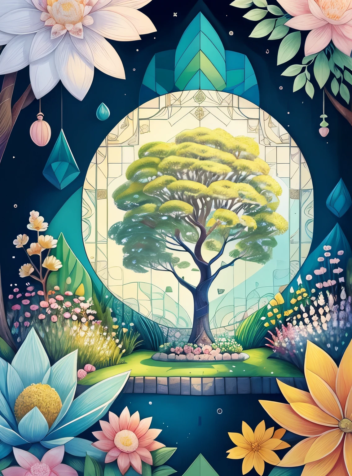 (cute  tree smiling in a beautiful garden with flowers) Munchkin, Geometric multidimensional wall portrait, livro de arte, Tchibi,
Yang08k, Beautiful, Colouring,
Obras, of the highest quality, best quality, Arte Oficial, Beautiful and Aesthetic,