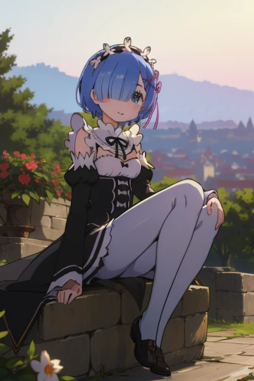 anime, hdr, soft light, ((best quality)), ((masterpiece)), (detailed), (detailed eyes), white pantyhose, phRem, blue hair, hair over one eye, 1girl, roswaal mansion maid uniform, detached sleeves, looking at viewer, wide smile, full pose, garden, blue roses, sunset, sitting on rock, shoes,