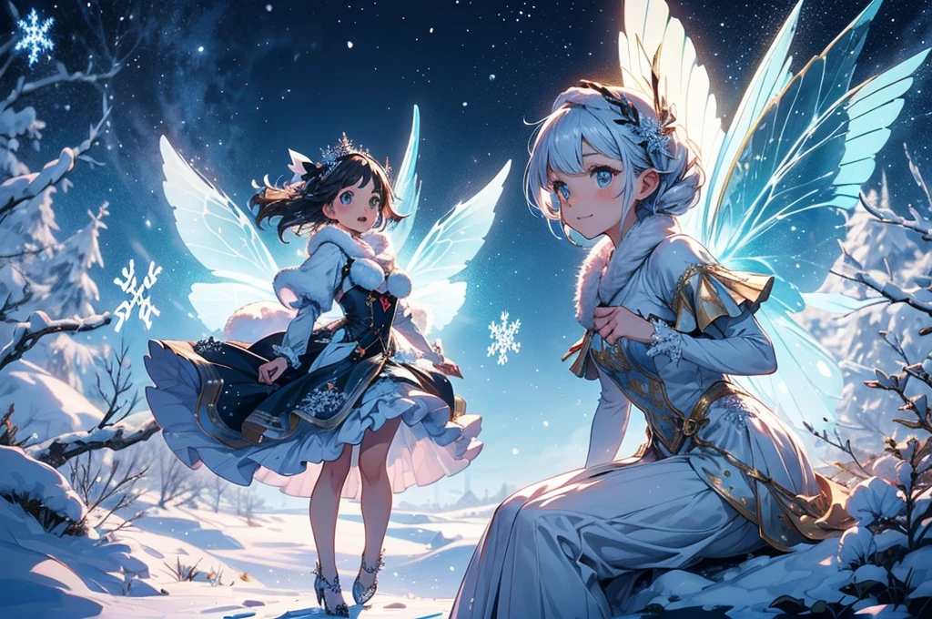 Create an enchanting and whimsical scene featuring a delightful fairy gracefully (((perched on a delicate snowflake))). The snowflake should be caught in a gentle whirlwind, with the fairy's ethereal wings fluttering in the wind. Infuse the scene with a sense of magic and charm, emphasizing the fairy's cuteness and the intricate details of the snowflake. Let the colors evoke a winter wonderland, and ensure that the overall ambiance  both enchanting and heartwarming. Be creative with the fairy's appearance, and bring to life the joyous dance of this magical creature on the snowflake.