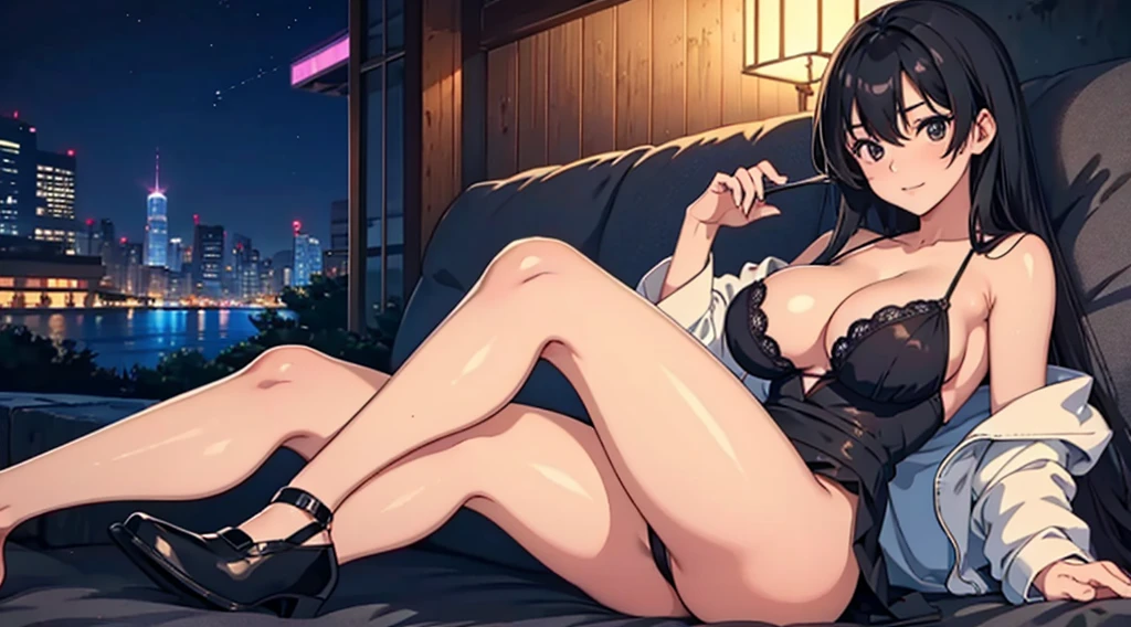 sexy black hair Anime girl sitting and studying, with a little glimpse of her legs. big breasts cleavage, night outside