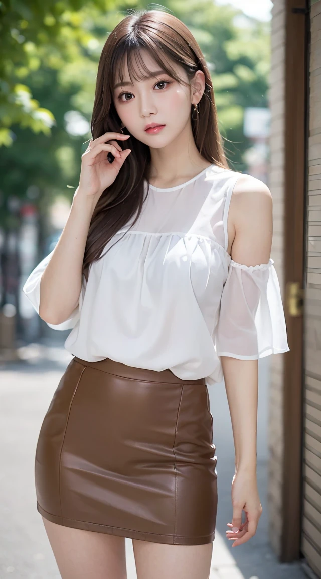 (bestquality, Realistic: 1.3), 1girl in, Middlebox, Light brown hair, blunt bangs, hair behind ear, hair over shoulder, long-haired, Slender Figure, ultra-fine face, Sensitive lips, beautidul eyes, Thin blush, The eyes are light brown........, Perfect glossy skin, Flawless skin, Glittering sweat, See here........, Ultra-thin hands, Ultra-fine fingers, best ratio four fingers and one thumb, (reality:1.3), finger extension, white blouse, White short skirt, super model legs, flat. , Eye-Level Shot,  chesty, 10,Broadleaf forests (environment, in the urban area) (Random costumes,Random clothing color)