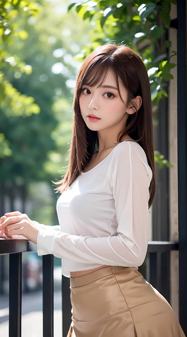 (bestquality, Realistic: 1.3), 1girl in, Middlebox, Light brown hair, blunt bangs, hair behind ear, hair over shoulder, long-haired, Slender Figure, ultra-fine face, Sensitive lips, beautidul eyes, Thin blush, The eyes are light brown........, Perfect glossy skin, Flawless skin, Glittering sweat, See here........, Ultra-thin hands, Ultra-fine fingers, best ratio four fingers and one thumb, (reality:1.3), finger extension, white blouse, White short skirt, super model legs, flat. , Eye-Level Shot, chesty, 10,Broadleaf forests (environment, in the urban area) (Random costumes,Random clothing color)