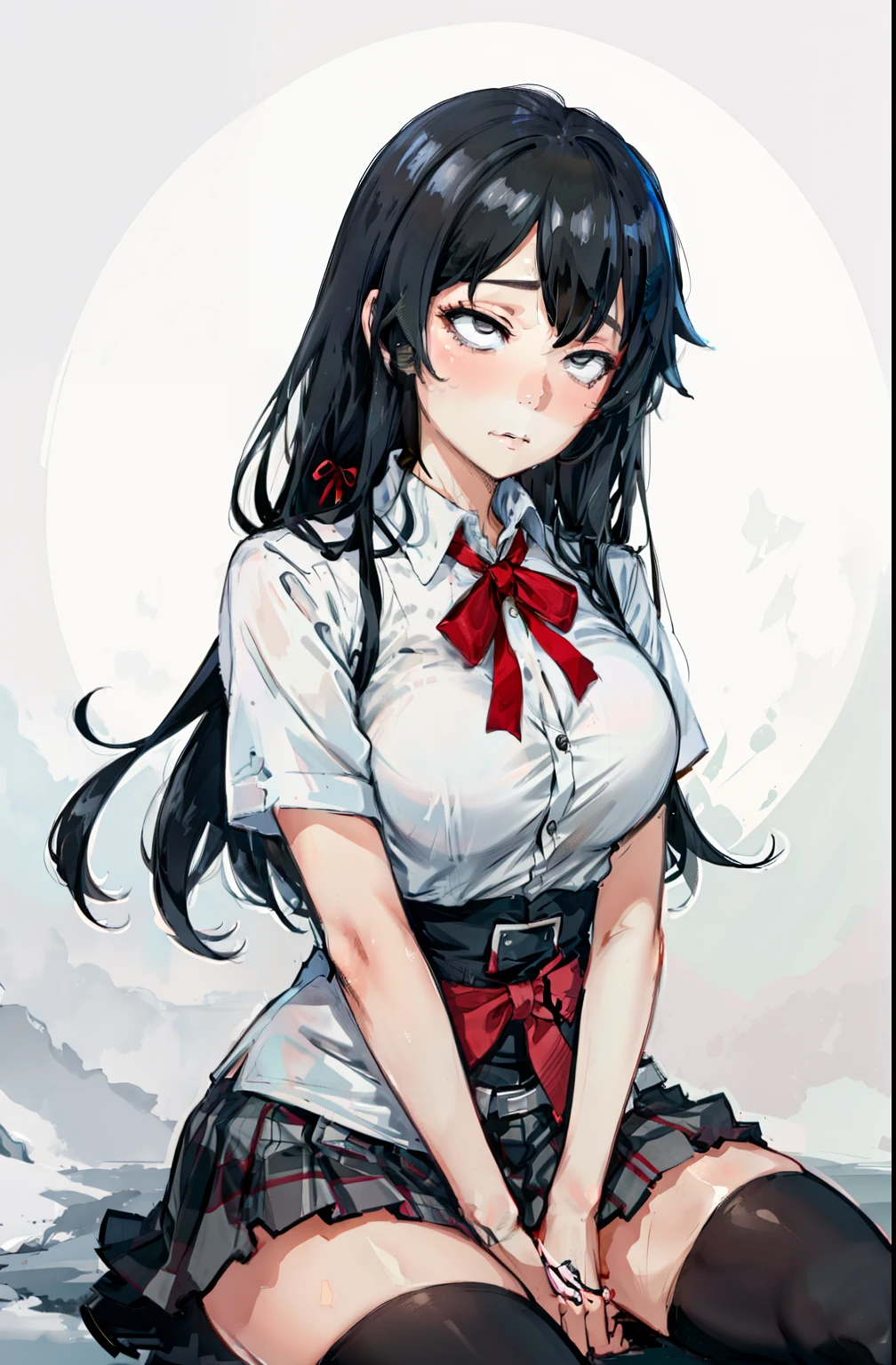 1 girl as yukino yukinoshita, absurdres, highres, solo, school uniform, big breasts, waist long black hair, (twintails:0.5), miniskirt, black thighhigh socks, loose red ribbon, unbuttoned white shirt, (ahegao:1.1), (rolling eyes:1.1), (female masturbation:1.1)