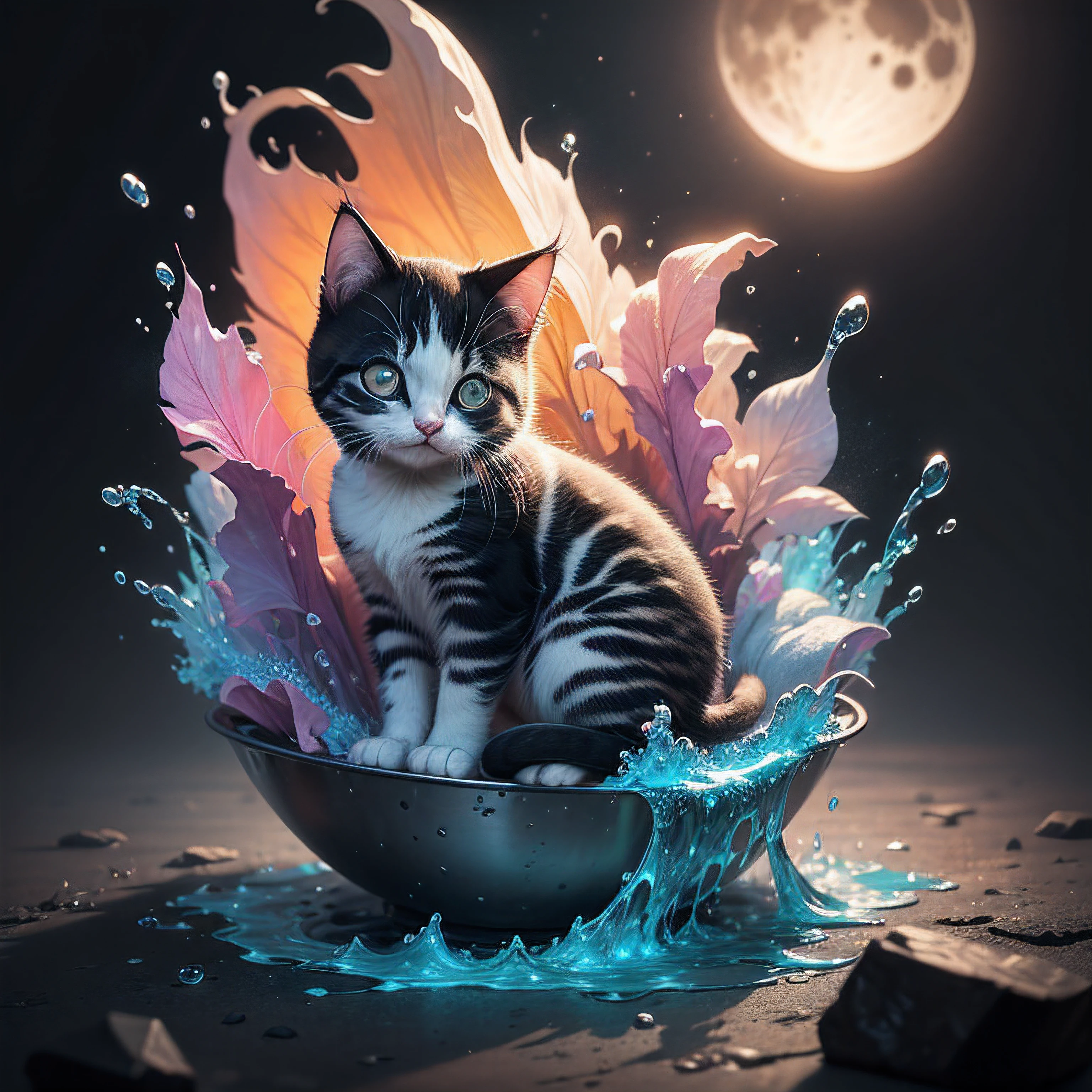 splash art, a liquid cute kitten made of colours, hyperdetailed intricately detailed, fantastical, intriciate detail, complementary colours, Fantasy, Concept Art, in 8k resolution, moonlit glow