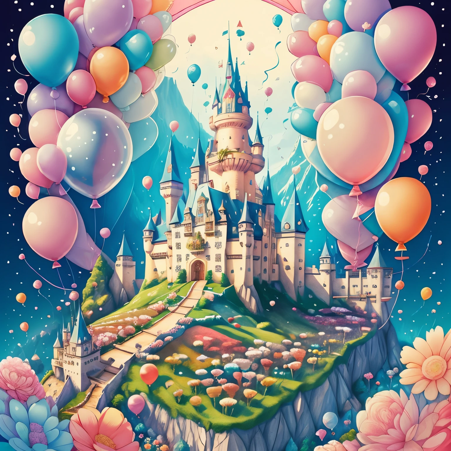 (cute castle with flowers and ballons), Munchkin ,Geometric multidimensional wall portrait, livro de arte, Tchibi,
Yang08k, Beautiful, Colouring,
Obras, of the highest quality, best quality, Arte Oficial, Beautiful and Aesthetic,