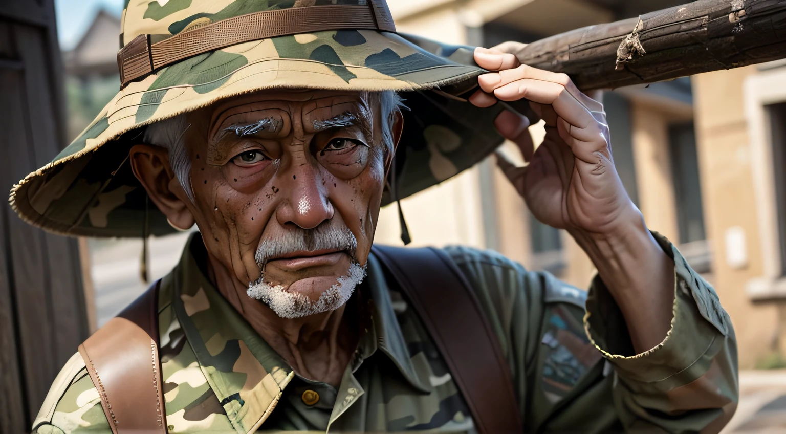 old man wearing camouflage uniform、a bucket hat、Dirty and sloppy,Broken,Manor background