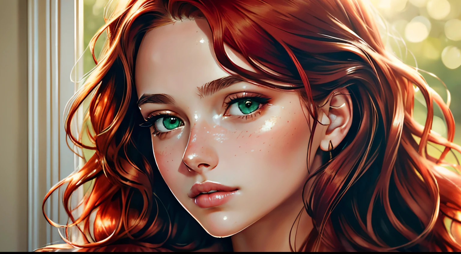 (high quality,portrait,painting),(soft skin,smooth complexion),detailed eyes fine texture,dewy lips,(natural lighting,soft light),subtle blush,sublime expression,wavy hair,neutral backdrop,subtle colors,delicate brushstrokes,beautiful, woman, long messy red hair, green eyes