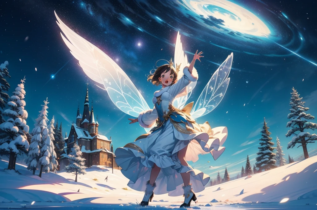 Create an enchanting and whimsical scene featuring a delightful fairy gracefully (((gliding on a delicate snowflake))). The snowflake should be caught in a gentle whirlwind, with the fairy's ethereal wings fluttering in the wind. Infuse the scene with a sense of magic and charm, emphasizing the fairy's cuteness and the intricate details of the snowflake. Let the colors evoke a winter wonderland, and ensure that the overall ambiance both enchanting and heartwarming. Be creative with the fairy's appearance, and bring to life the joyous dance of this magical creature on the snowflake.