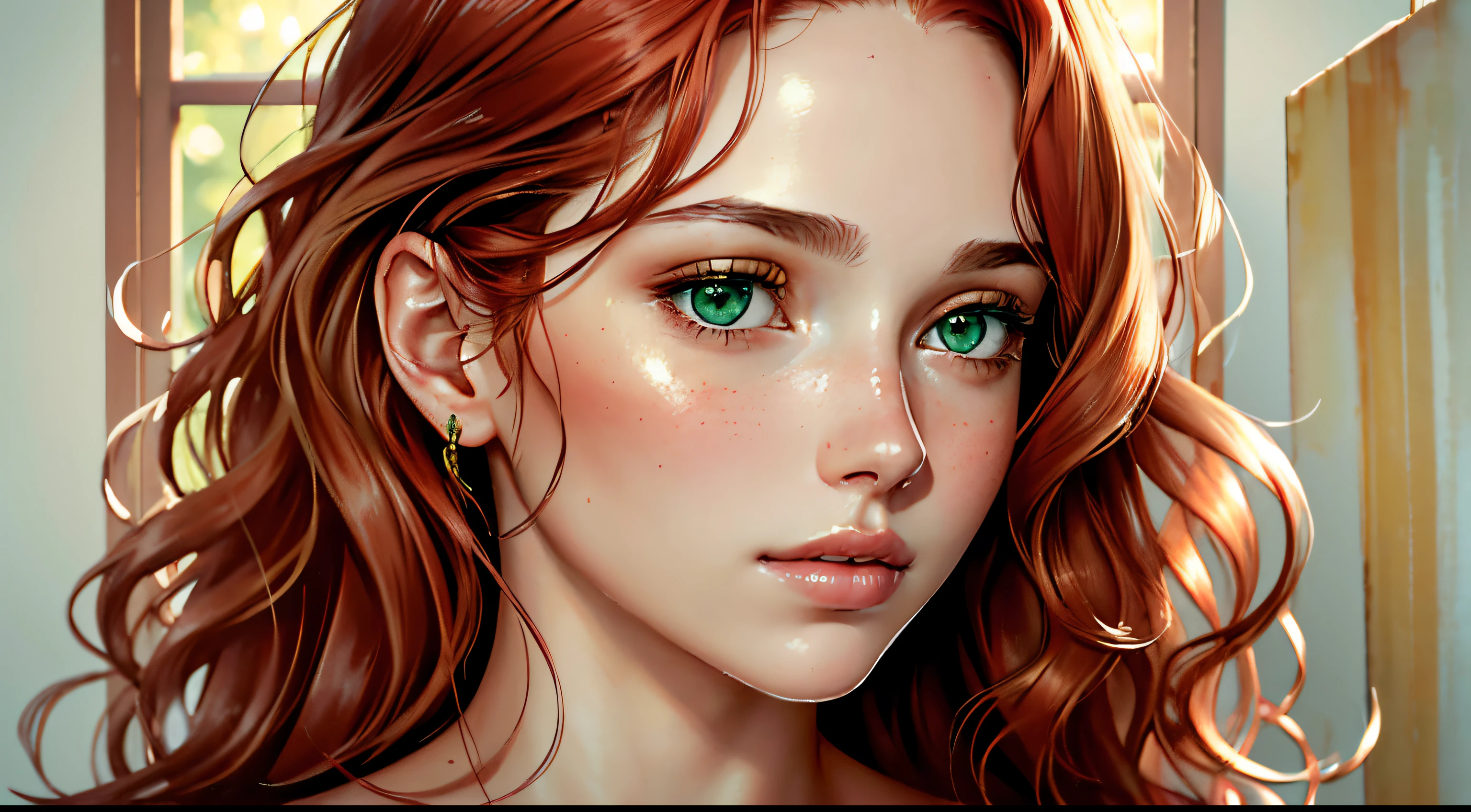 (high quality,portrait,painting),(soft skin,smooth complexion),detailed eyes fine texture,dewy lips,(natural lighting,soft light),subtle blush,sublime expression,wavy hair,neutral backdrop,subtle colors,delicate brushstrokes,beautiful, woman, long messy red hair, green eyes