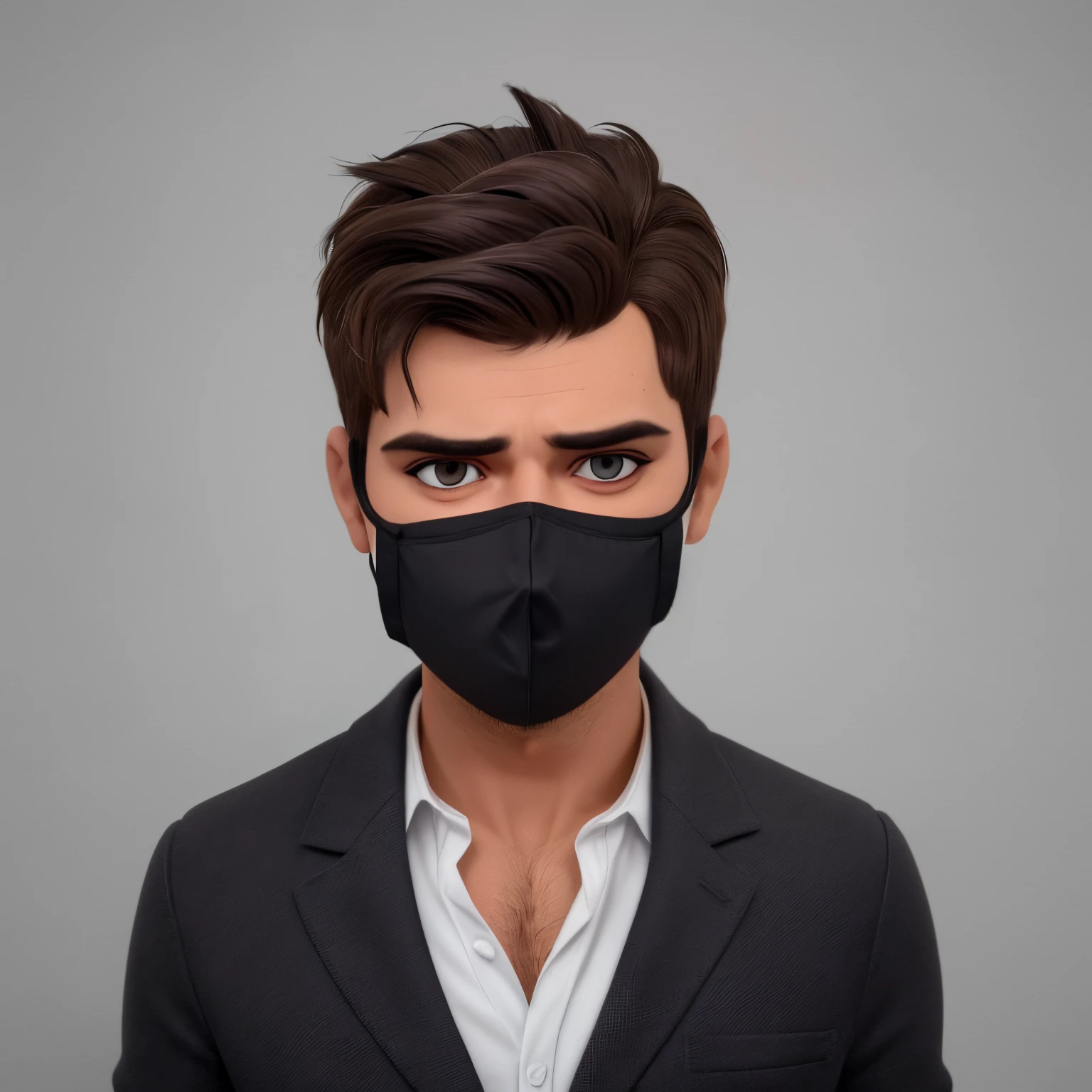 homem Branco com olhos castanhos, magro, camisa cinza com gravata preta, expression serious, cabelo preto, fundo de parede cinza, half face mask