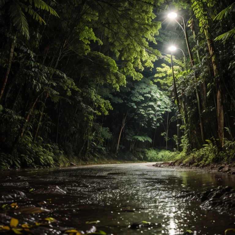 Uma floresta a noite chuva