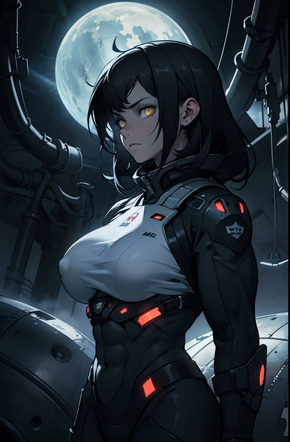 black hair yellow eyes sad expressionless muscular huge breasts dark atmosphere dark atmosphere dark atmosphere dark atmosphere