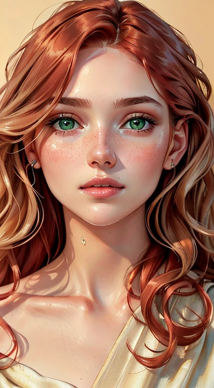 (high quality,portrait,painting),(soft skin,smooth complexion),detailed eyes fine texture,dewy lips,(natural lighting,soft light),subtle blush,sublime expression,wavy hair,neutral backdrop,subtle colors,delicate brushstrokes,beautiful, woman, long messy red hair, green eyes