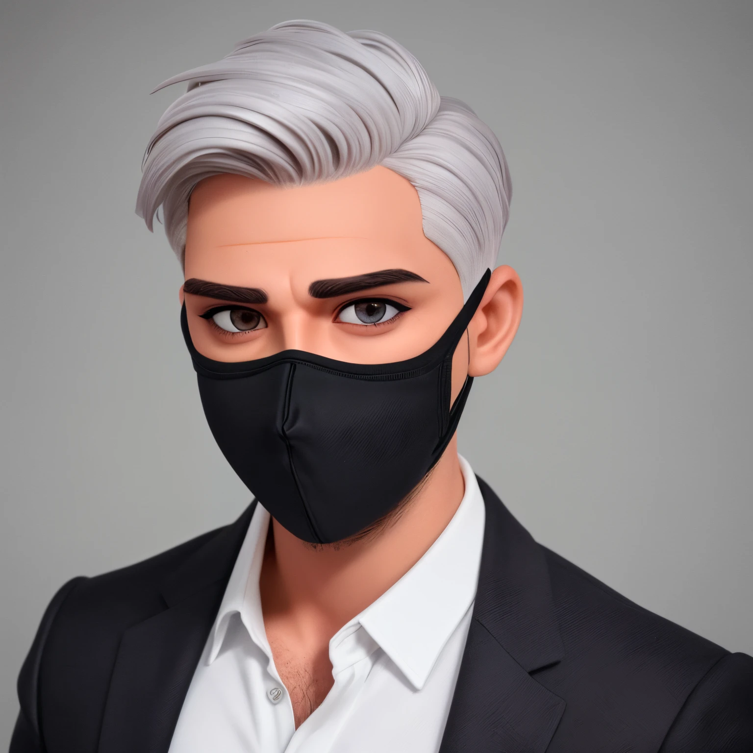 homem Branco com olhos castanhos, magro, camisa cinza com gravata preta, expression serious, cabelo preto, fundo de parede cinza, half face mask