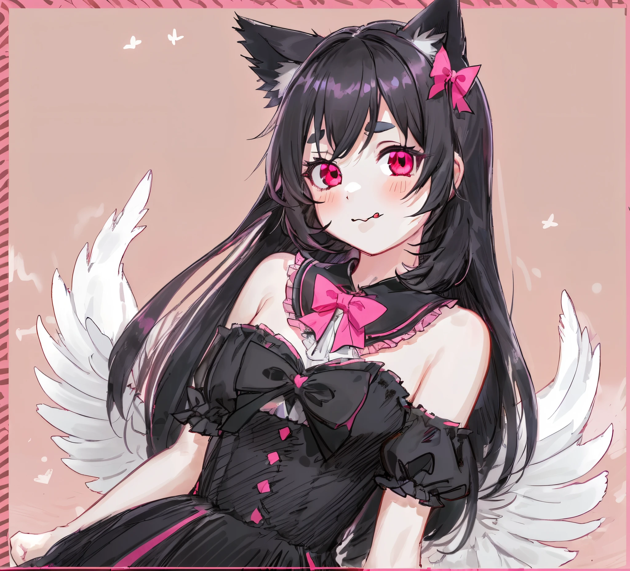 rating:safe, 1girl, solo, red_eyes, tail, dress, black_hair, looking_at_viewer, animal_ears, long_hair, cat_ears, upper_body, pink_background, wings, long_sleeves, bow, black_dress, tongue, tongue_out, blush, smile, hand_up, bangs, frills, detached_sleeves, hair_between_eyes, eyebrows_visible_through_hair, bare_shoulders, simple_background, detached_collar, houjuu_nue, hair_bow, cat_tail, fang, sidelocks, gradient_background, gradient, closed_mouth, tail_raised, kemonomimi_mode, black_sleeves