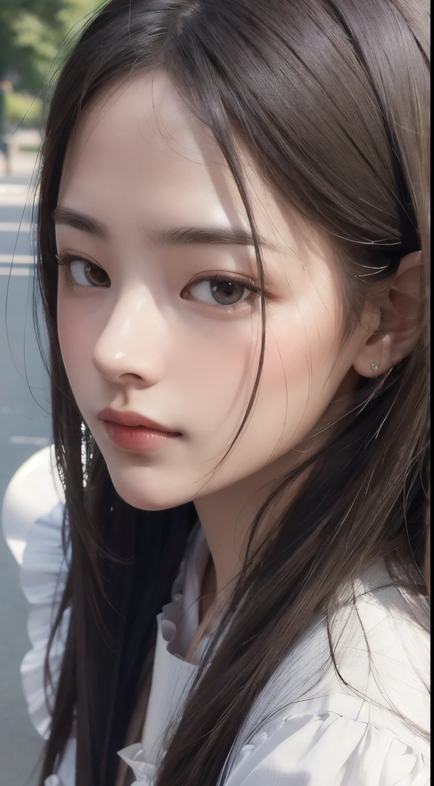 Photorealistic, masutepiece, Best Quality, Raw photo, selfee、1girl in, Solo, Long hair, Brown hair, Detailed face, alluring face, garconne look Maid, medium breasts, Dynamic Pose, Looking at Viewer, From below, Detailed background, fine detailed, intricate detailes, Ray tracing, depth of fields, lowkey, nffsw